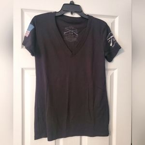 Grunt Style Tee, Black, Size L, GS emblem/flag on sleeves, V neck, like new